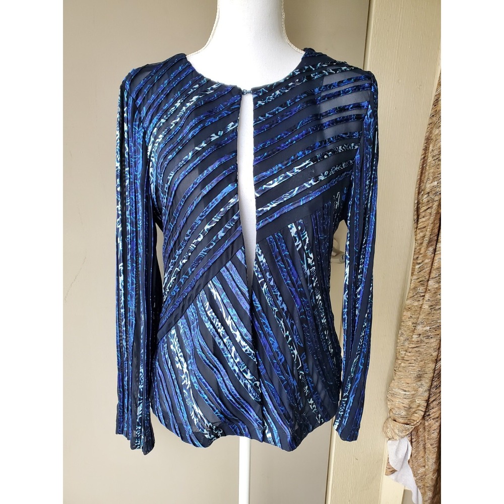 Chicos Travelers 0 Jacket Women Small Blue Black Ribbon Knit Julianne Mesh Satin